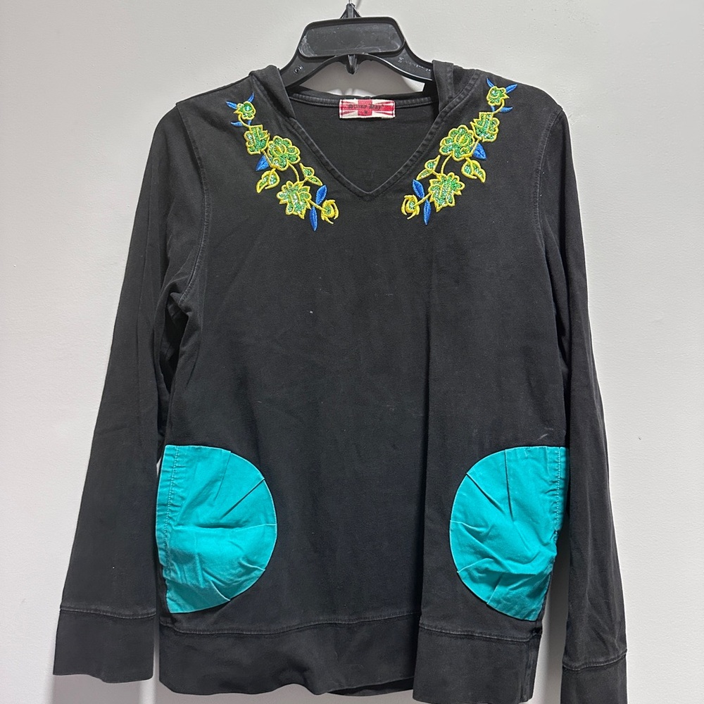 Runny Day Black Sweatshirt with Embroidered Floral and Fun Design HMC